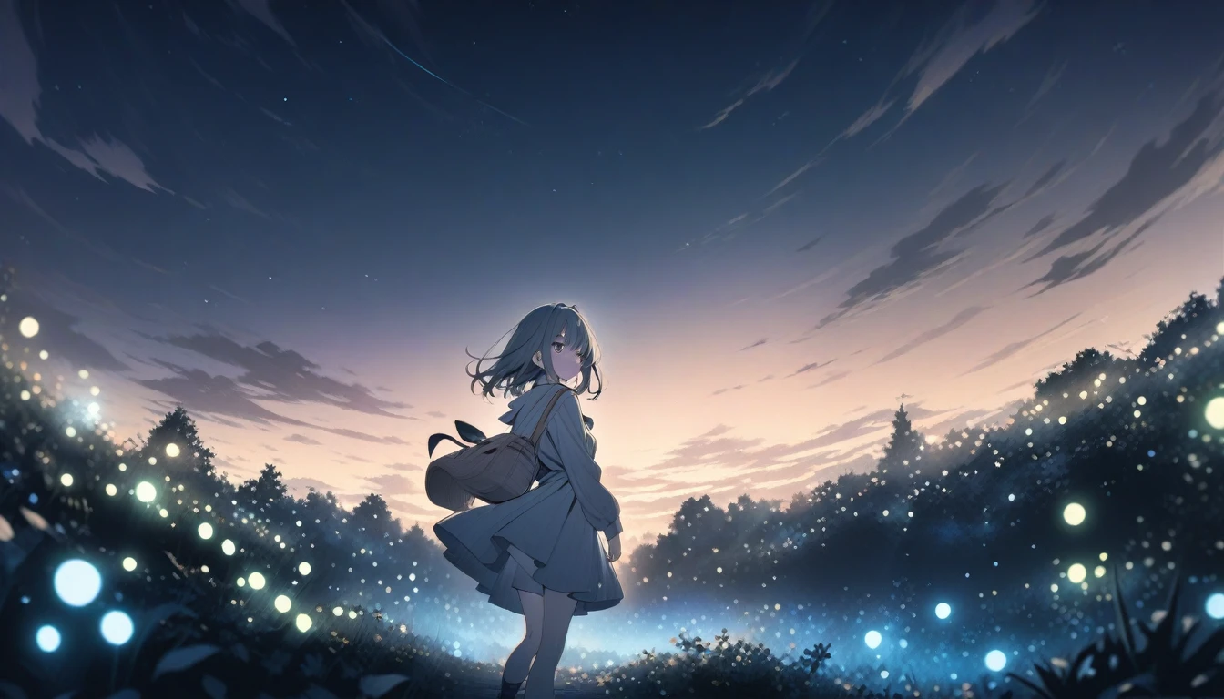 ((style:Colored pencil,pale colour)),(anime)、(masterpiece:1.2),Atmospheric perspective,Lens flare,one person's, Firefly Garden, Many small lights and fireflies are flying around