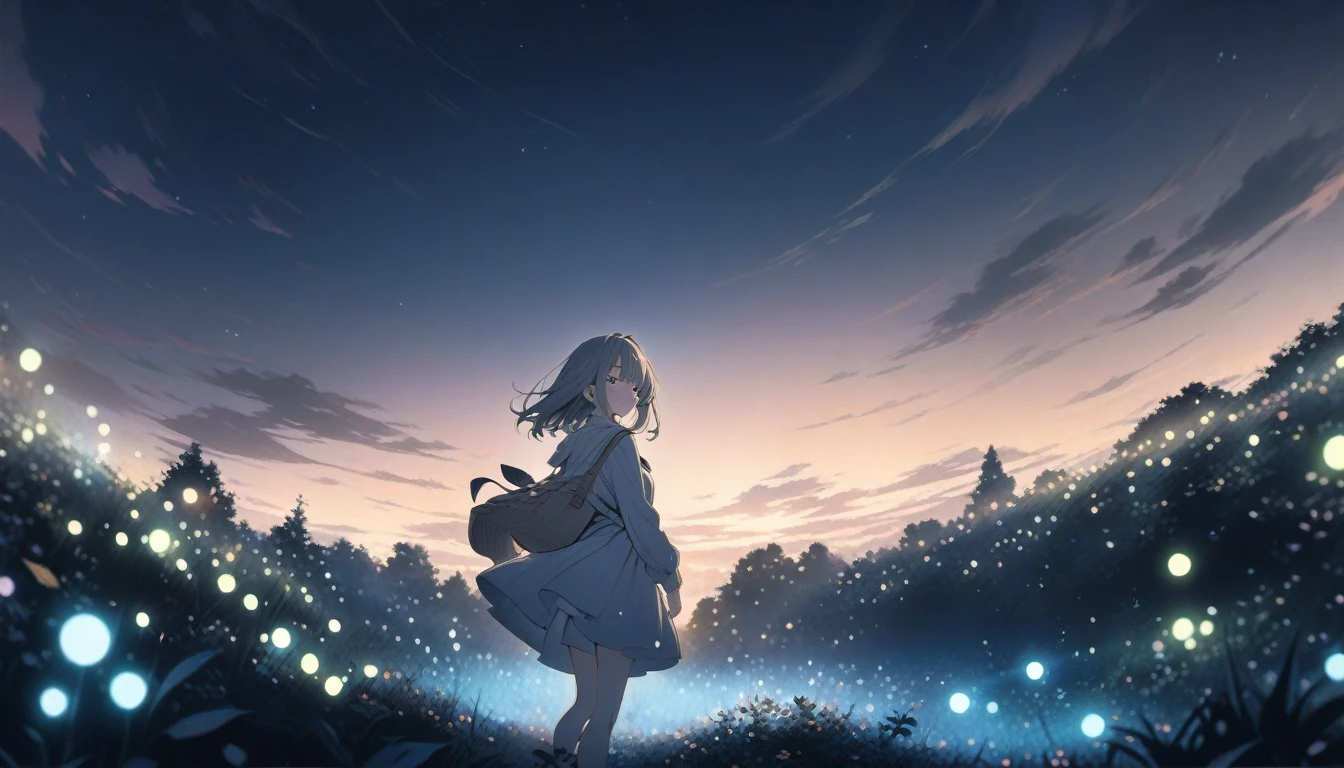 ((style:Colored pencil,pale colour)),(anime)、(masterpiece:1.2),Atmospheric perspective,Lens flare,one person's, Firefly Garden, Many small lights and fireflies are flying around