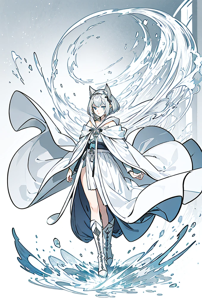 Gray and white shoulder-length short hair，Girl，Blue Eyes，Elf ears，No headdress，No cat ears，Wear a magician's robe，cloak，hood，Long skirt，Boots，full-body shot，front Photo，No background