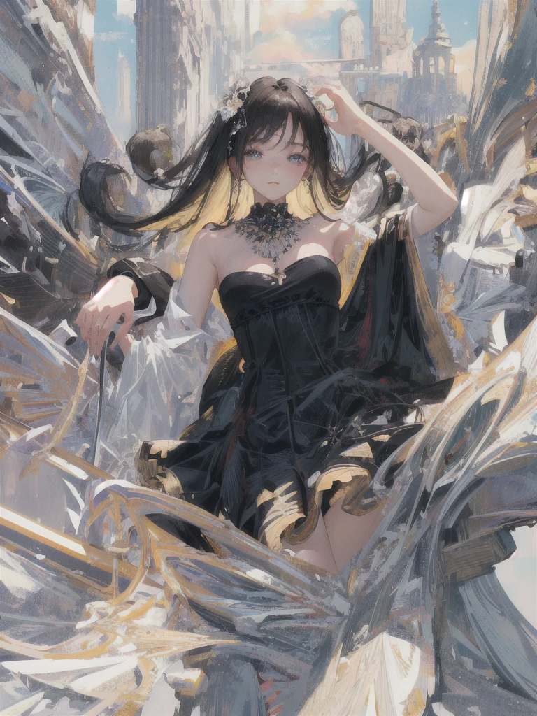 ((masterpiece, highest quality, Super detailed, High resolution)), alone, beautiful girl, shining eyes, perfect eyes, 15 years old, black white gold theme,