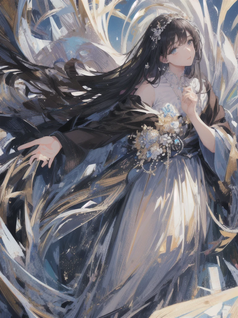 ((masterpiece, highest quality, Super detailed, High resolution)), alone, beautiful girl, shining eyes, perfect eyes, 15 years old, black white gold theme,