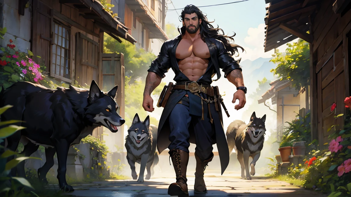 (absurderes, high resolution, ultra detali), 1 men, grown-up, bonitas, big and muscular guy, broadshouldered, finely-detailed eyes, really long, tied up hair, Bblack hair, Wavy hair, diamond, jewerly, Garden,wolves,animals, that surround the man,full body shot shot, forst, portraite, (wide angle), cloused mouth