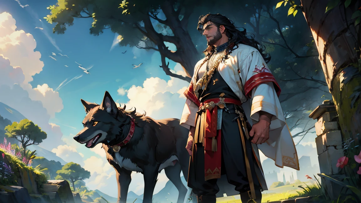 (absurderes, high resolution, ultra detali), 1 men, grown-up, bonitas, big and muscular guy, broadshouldered, finely-detailed eyes, really long, tied up hair, Bblack hair, Wavy hair, diamond, jewerly, Garden,wolves,animals, that surround the man,full body shot shot, forst, portraite, (wide angle), cloused mouth