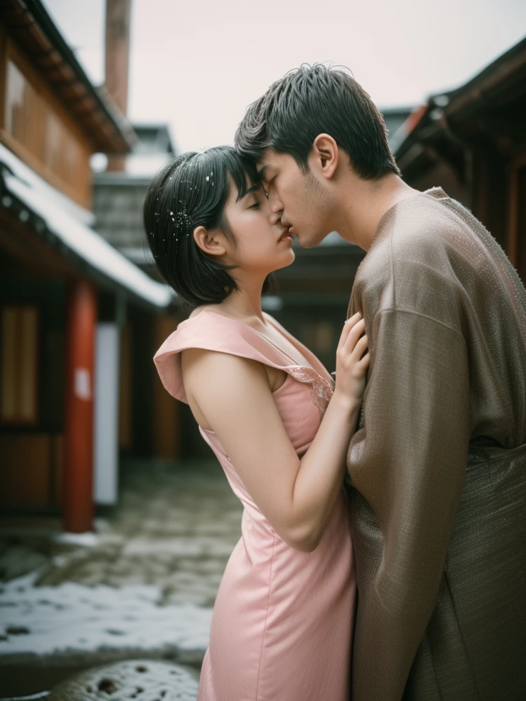 A Couple, (dramatic shot:1.3), (best quality photo:1.5), 1girl and 1man, japanese, I am 35y (a man in winter suit:1.3) with short black hair, I meet my sweet and chubby girlfriend in kyoto traditional village, (having sex posing:1.5), giving a hug, (real kissing:1.3), she has messy mid long bang hair, (a girl in pink slip dress:1.5), (snowing:1.2), (dramatic moment:1.3), real object, 120 film looks, natural light, real skin, detailed face and eyes, (very highly detailed:1.3), (surreal view:1.5), (sharp focus:1.3), shot by mamiya with wide lens, (dynamic wide angle:1.2), perfect composition, (centered object:1.2)