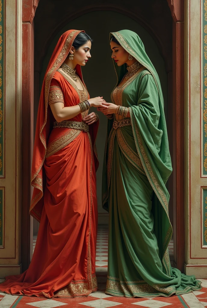 Two indian queens, one hindu (dressed in red )and one muslim (dressed in green), both from mughal time period, kissing eachothers foot with hate
