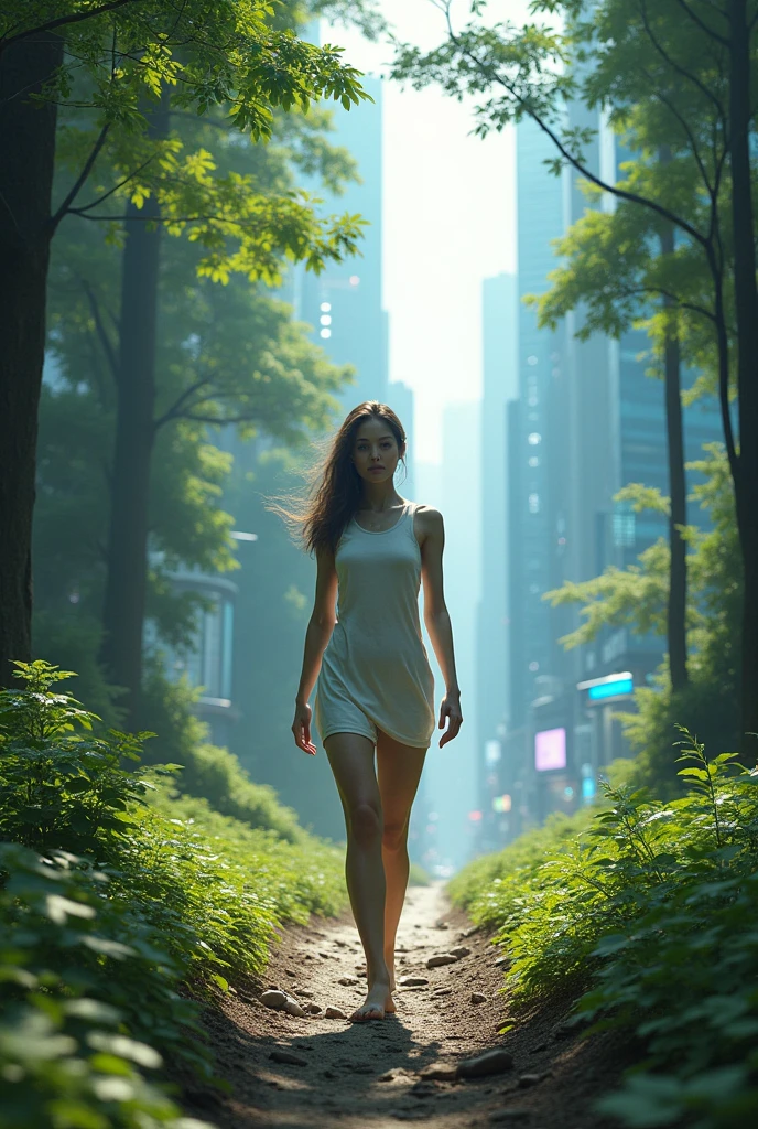 Create an image of a woman walking from the left side to the right side, split into two halves: one side filled with trees, and the other with technology. The woman walks towards the technology side, transforming into a futuristic world.