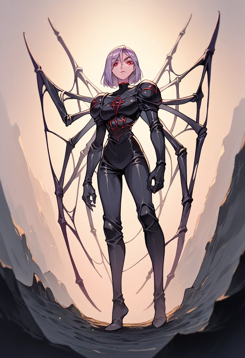 {masterpiece}, {best quality},1girl, light purple skin, shoulder length hair, red eyes, black leather coreset, human upper body, spider lower body, Drider(DND),full body, Cave(setting) spider webs (setting)
