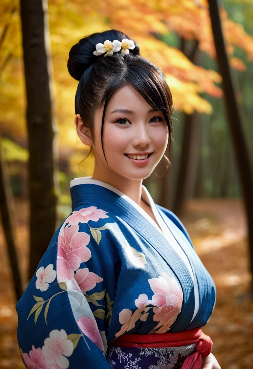 Female model,20 years old,Japanese ethnic group,thick body type,big breasts,tattooed white skin,big breasts,big ass thick thighs,facing a seductive smile,Black hair color,bun hair type,blue eye color,yukata clothing,whole body distance,dynamic angle,seductive pose action,autumn forest place,cinematic scene lighting,realism style