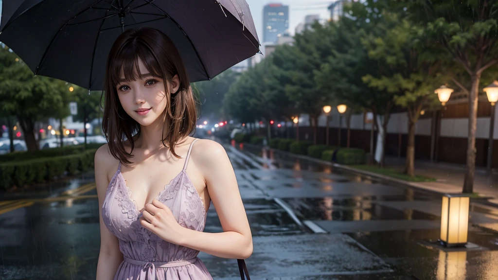 High resolution, Gaze, Heavy rain street trees, fine eyes, beautiful image, one beautiful woman standing, short cut, brown hair, bangs, light purple dress, 26 years old, nice smile, detailed skin,solo, chest,
