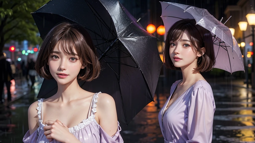 High resolution, Gaze, Heavy rain street trees, fine eyes, beautiful image, one beautiful woman standing, short cut, brown hair, bangs, light purple dress, 26 years old, nice smile, detailed skin,solo, chest, 