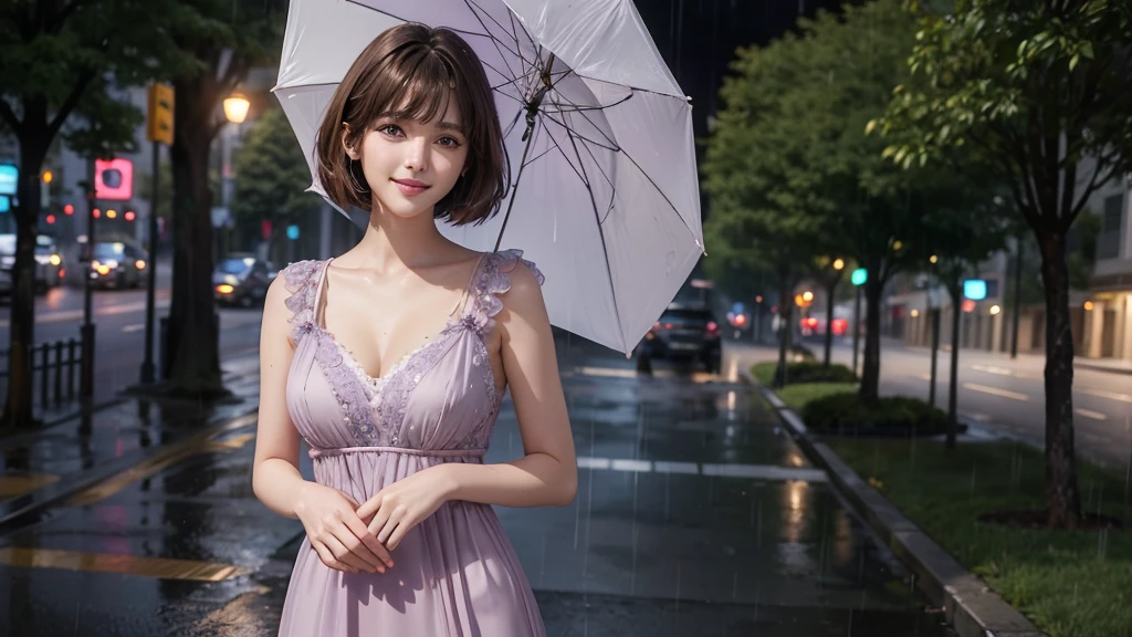 High resolution, Gaze, Heavy rain street trees, fine eyes, beautiful image, one beautiful woman standing, short cut, brown hair, bangs, light purple dress, 26 years old, nice smile, detailed skin,solo, chest,