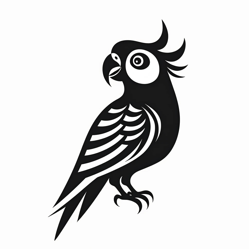 Design a black and white vector illustration of a parrot, focusing on its intricate feather patterns and vibrant personality. Use bold lines and high-contrast shading to highlight the parrot’s dynamic shape and unique details, while maintaining a minimalist and striking aesthetic.