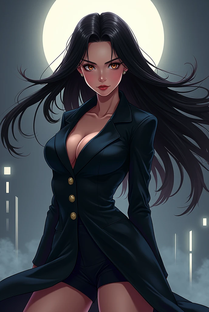 (beste-Qualit), (tmasterpiece), (Gloomy color scheme:1.5), ((Close-up of a girl in a suit)), 1girl in costume, androgynous vampire, junji ito 4 k, with long dark hair, ito junji art, style of junji ito, Dark Costume, portrait of sadako of the ring, Gentle androgynous princess , Beautiful androgynous princess , with her long black hair, girl in suit, stocklings, (big yellow eyes:1.3), fangs, detailing, (generous cleavage), Burst breasts, extra high resolution, 8K, (The blood on her lips runs down her neck), (Lovely Medium Breasts), perfect ???????, (Gloomy color scheme:1.5), (shapely body), Microthongs, Beautiful slender legs, sexypose, (Hands Behind Your Back:1.2), (Looking down), (The gaze is directed downwards), (Night Sky Background: Red Moon)