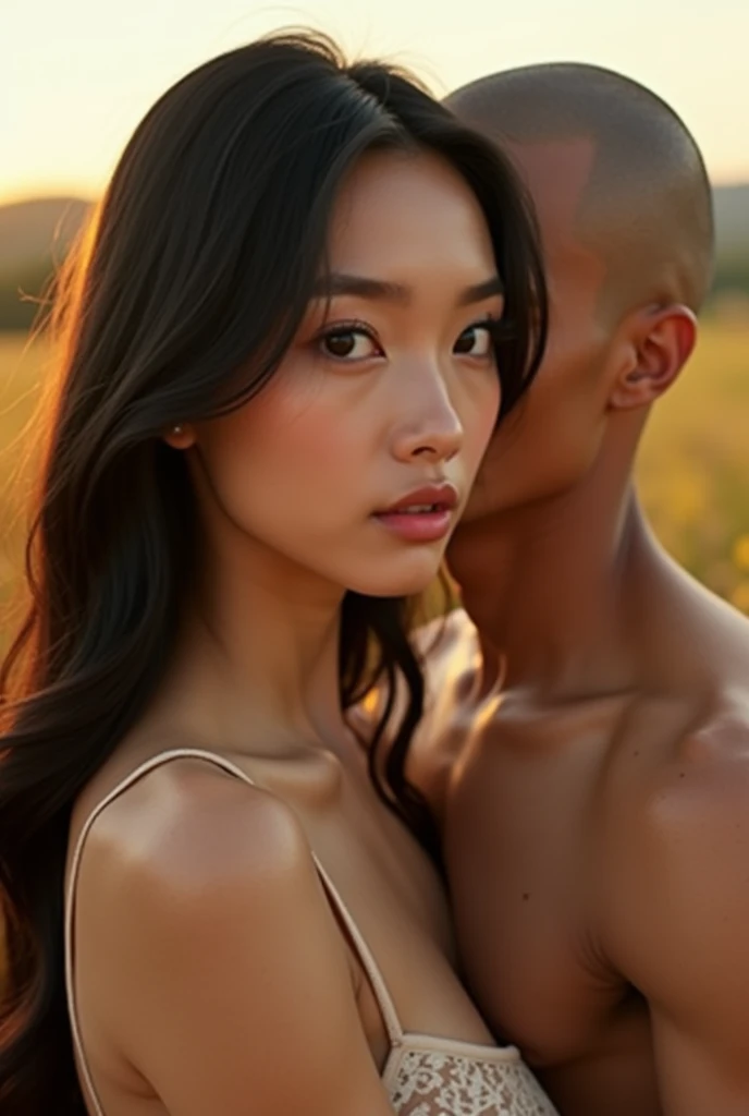 A beautiful Vietnamese girl with sexy breasts, detailed big breasts, detailed beautiful eyes, detailed beautiful lips, detailed long black hair, detailed eyes, extremely detailed face, long eyelashes, detailed eyelashes, intimate moment with boyfriend, Vietnamese man boyfriend, bald head, short hair cut close to head, slightly tanned skin, oval man face, man wearing glasses, country farm setting, rolling hills, golden sunlight, smooth bright skin, sexy pose, nude body, intimate romance, provocative, realistic, 8k, super detailed, masterpiece, dramatic lighting, warm color palette, raw image quality, high quality shots, clear net resolution