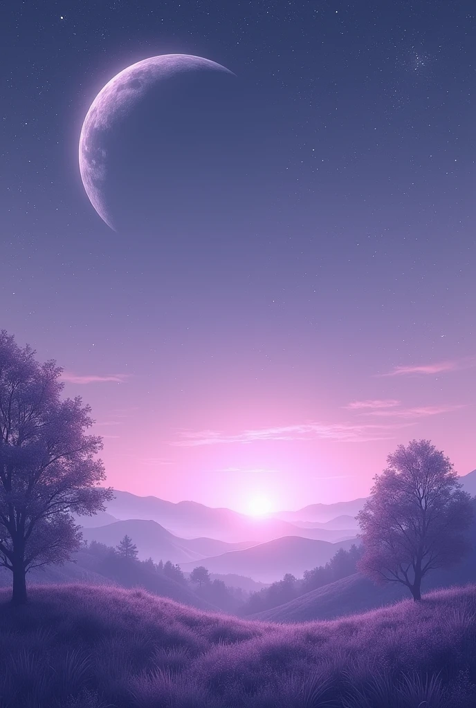 A lilac sky and a large waning moon with many stars 
