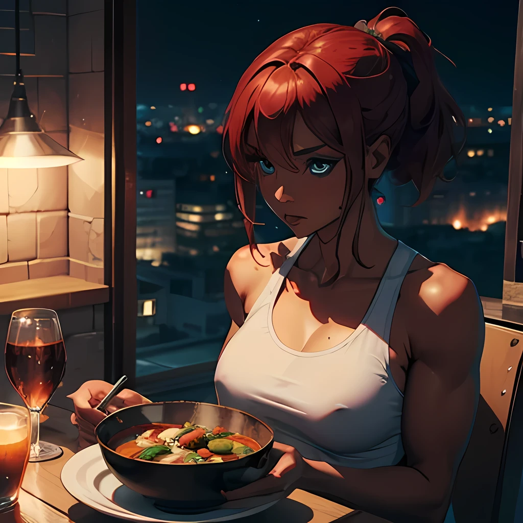 (masterpiece), perfect face, expressive eyes, beautiful makeup, Soldier Girl, Tank Top Military Shirt, Muscular, Saggy Breasts, Dark Skin, ((Red Hair)), Ponytail, blue eyes, Sitting, chair, luxurious kitchen, food, meat, vegetables, soup, wine, eating, delicious, wholesome scene, night time, 3D Western Anime Style, HD Quality, 4K, Ultra HD, detailed hands,