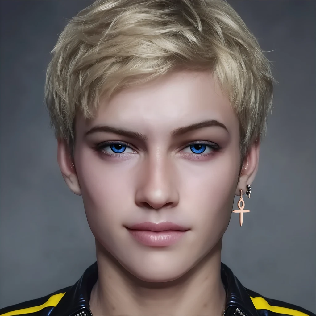  22-year-old male boyish fashion model, lean figure, short platinum blond layered hair with side swept bangs, black leather jacket with yellow accents, rose gold ankh earring, black and silver fangs hoop earring, Germanic-Icelandic features, smirking expression, photorealistic, cinematic