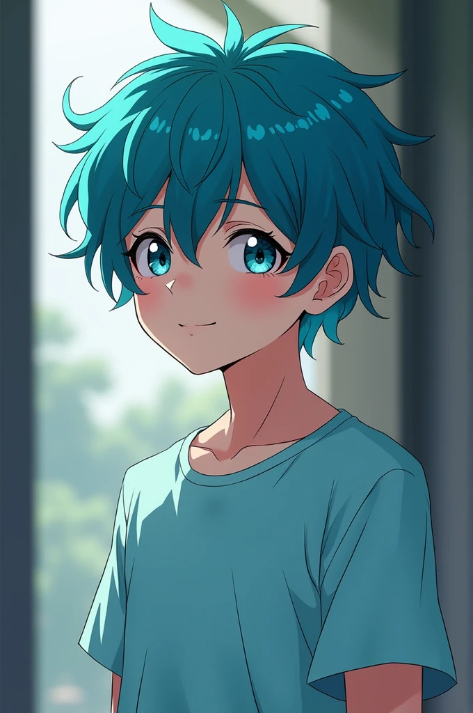 a short 13 year old boy with cyan hair with an innocent but manipulative look with a classic light blue shirt in anime format, he is a villain but he doesn&#39;t look like it