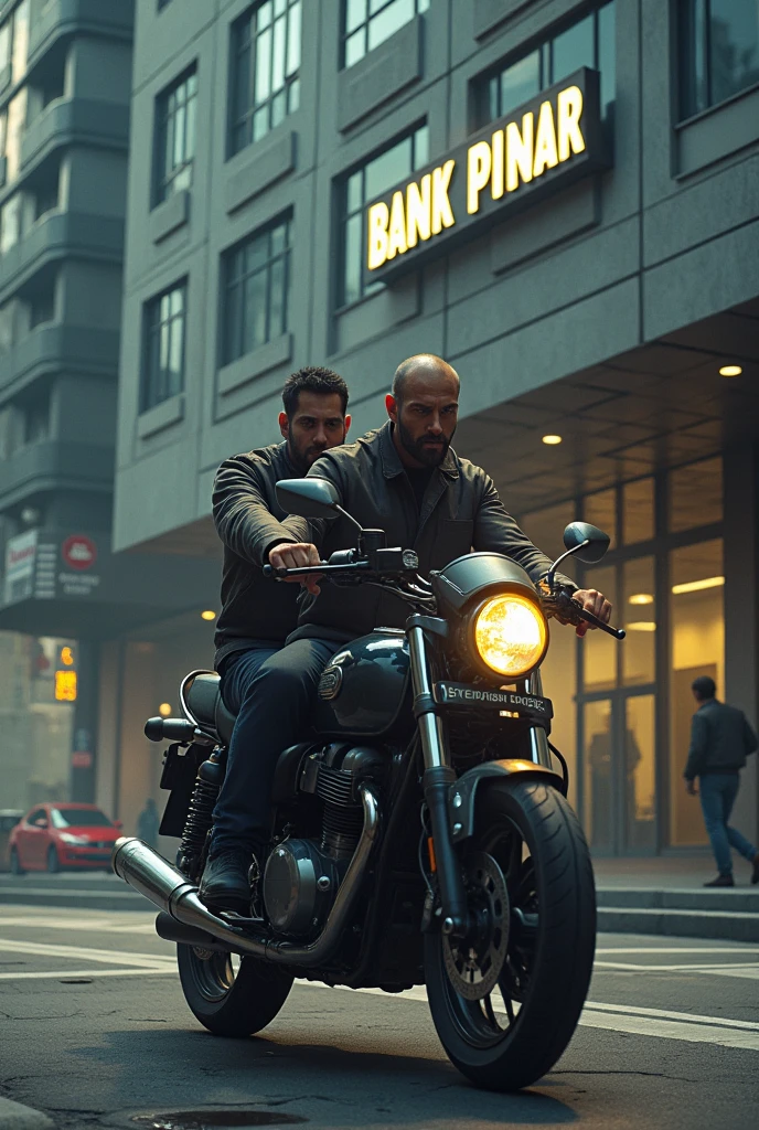 Theres 2 person (male) on a motorcycle who just arrived in bank building, the bank name is bank pinar