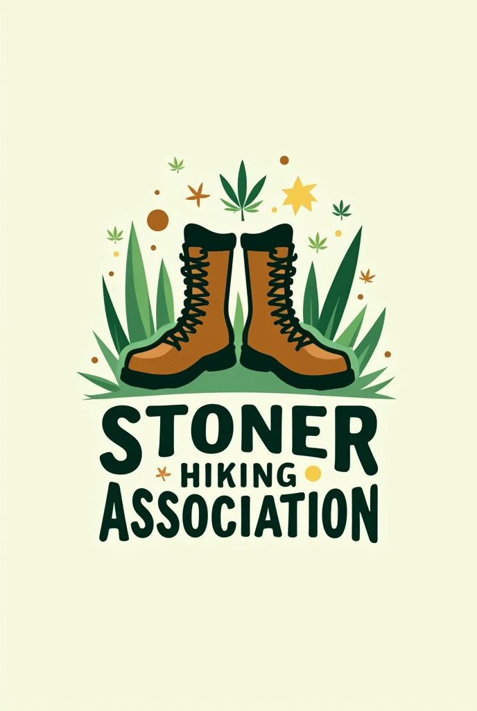 Hiking club logo that smoke weed with name "Stoner Hiking Association", make the weed plants more subtle