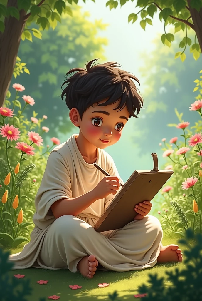 Boy in garden in simple cloth,drawing