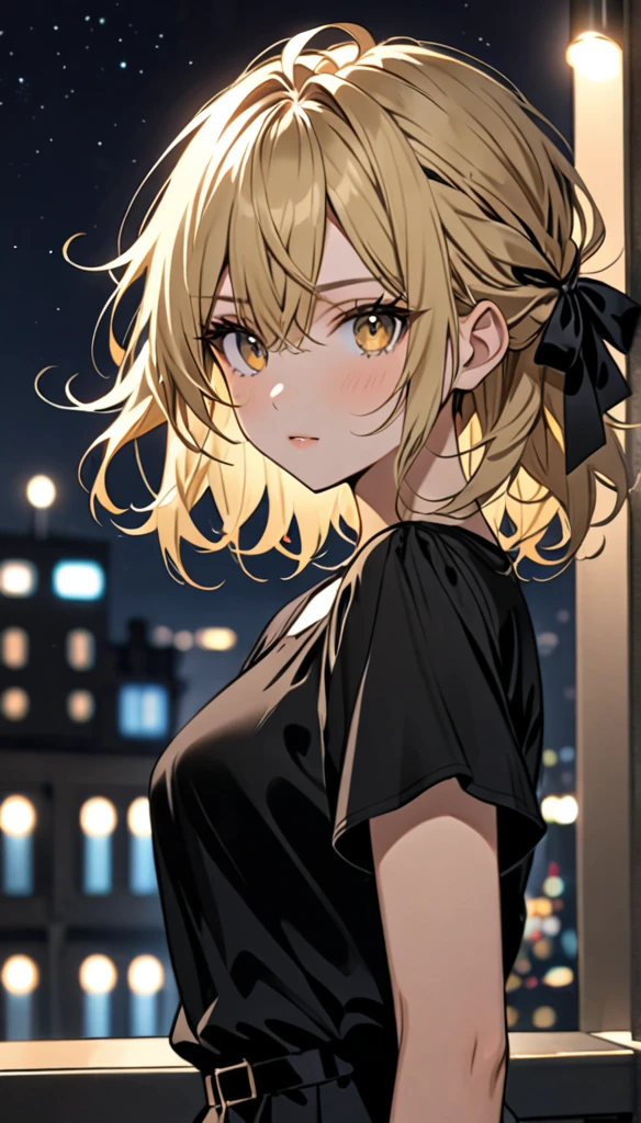 Beautiful and blond, messy styled hair, black ribbon, black shirt, night, looking fancy
