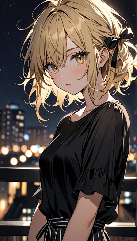 Beautiful and blond, messy styled hair, black ribbon, black shirt, night, looking fancy