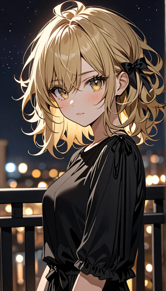 Beautiful and blond, messy styled hair, black ribbon, black shirt, night, looking fancy
