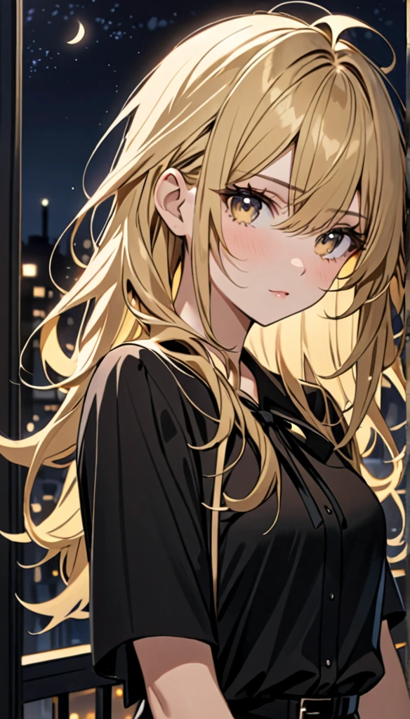 Beautiful and blond, messy styled hair, black ribbon, black shirt, night, looking fancy