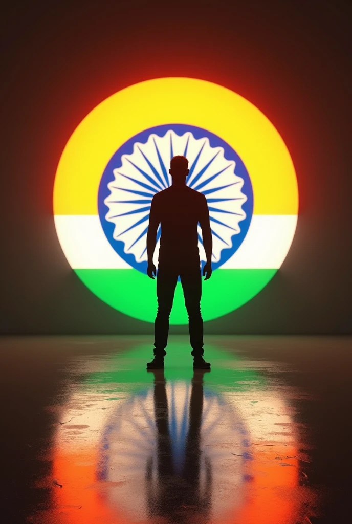 A silhouette of a person stands against a large, illuminated circle featuring the Indian flag colors (saffron, white, and green) and the Ashoka Chakra in the center. Below the circle, the Text "NACHIKET" is displayed in bold, stylized letters: orange S, gray A, white M, and green IR. The shiny floor reflects the vibrant colors, typography, 3d render