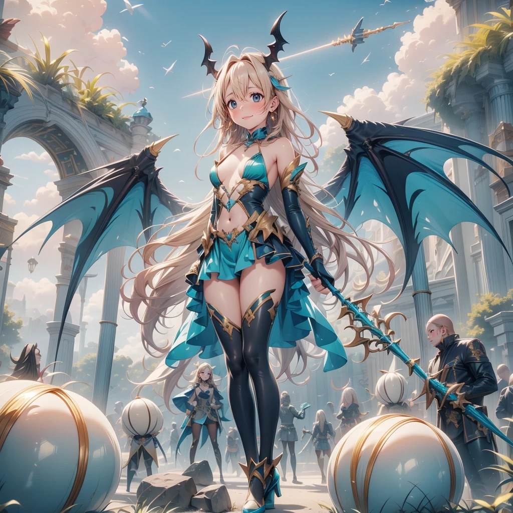 (Turquoise fantasy style) ,(8K),(illusory),Solitary,1 Girl,Yellow hair, Devil's Point,Gradient Wing, Practical, best quality, masterpiece, Ultra Detailed, Ultra-high resolution,rest (outdoor),Flying in the sky,moon,spear,Look at the audience,Scary face，Metal skirt armor，Metal leggings