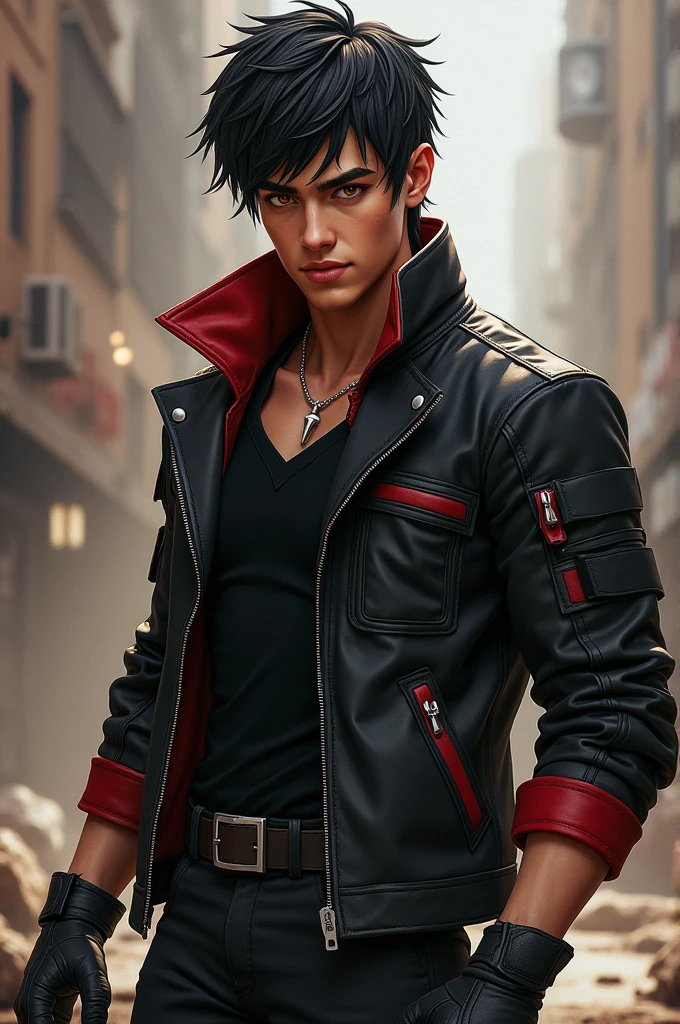 Let's recast the character:
name: Kael Draven
kor: Age 22
Appearance: Kael has black hair, Short and well-trimmed, with slightly messy bangs that give a rebellious touch to your look. His eyes are a deep amber shade, shining with intensity, especially in tense situations. His skin has a tan tone, suggesting that he spends a lot of time outdoors, whether in training or on missions. He has an athletic and defined build, with well-defined muscles, but without exaggeration.
tenue: Kael wears a reinforced black leather jacket, adjusted to the body, with red details on the shoulders and sleeves. The jacket has several straps and pockets, where he keeps small tools and weapons. He also wears heavy duty fabric pants., designed to offer mobility, along with reinforced combat boots. In your hands, he wears black leather gloves with wrist guards.
Personalidade: Kael is determined and focused, with an air of confidence that is often misinterpreted as arrogance. He is cunning and quick to make decisions., always one step ahead in dangerous situations. Although it is reserved, Kael has a strong sense of duty and cares deeply for those around him., even if he doesn't show it openly. His sarcastic humor appears from time to time, mainly to relieve tension.
history: Growing up in a city controlled by gangs and corruption, Kael lost his parents at a young in an accident that he suspects was a cover-up murder.. Determined to uncover the truth and bring justice to his city, he trained tirelessly in martial arts and guerrilla tactics. aos 18 anos, he joined a secret organization that fights in the shadows to bring down the city's criminal factions.
skills: Kael is a hand-to-hand combat specialist, with a fighting style that combines speed and precision. He also has infiltration skills., being cap