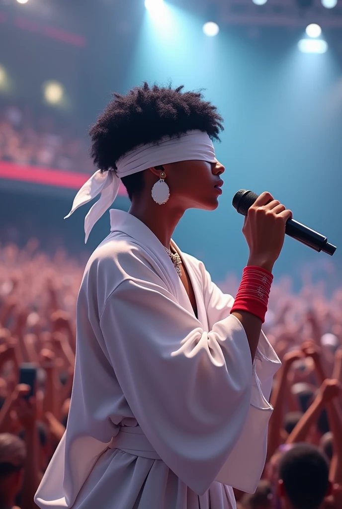 1 rapper, 20 yrs old, white blindfold, short black hair, race:black, kimono branco, white earrings, red band on forearms, singing on mike, singing in a big crowd.