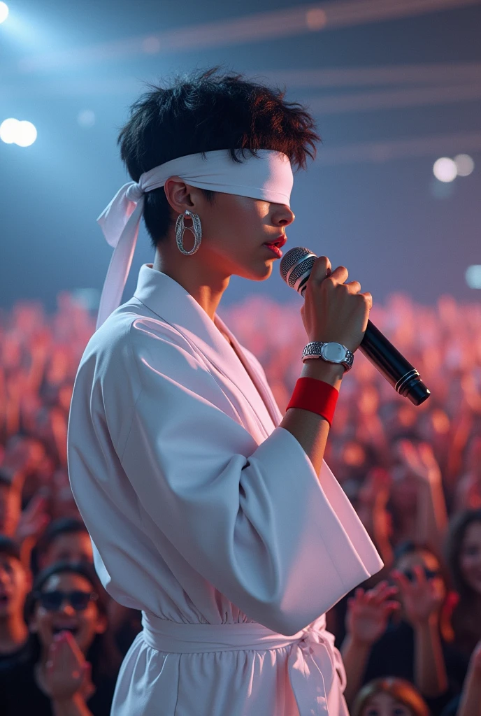 1 rapper, 20 yrs old, white blindfold, short black hair, race:black, kimono branco, white earrings, red band on forearms, singing on mike, singing in a big crowd.