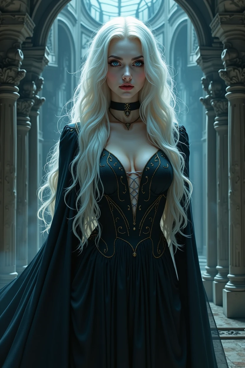 A beautiful Vampire Queen IS Vampire Art. She is stunning, with long thick platinum blonde hair and icy blue eyes. Epic. Cinematic. Dramatic lighting. Gothic. Classic. Abstract. Surreal. Terrifying.