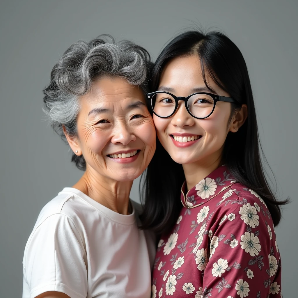 photorealisic portrait taken at studio, family photo shows a lady of 55-yo, together with her granddaughter of age 19, asian female, they are having different figures: "the lady has round face with laugh lines, nice smile, grey short curly hair, wearing traditional burgundy-red floral pattern grandma dress"; "the young granddaughter is age of 19, is a post-secondary school student , wears white t-shirt casual wear, one length black hair, wear black-framed glasses", in flat grey background