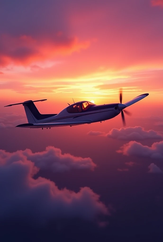 RV-10 plane flying in a vividly colored twilight sky