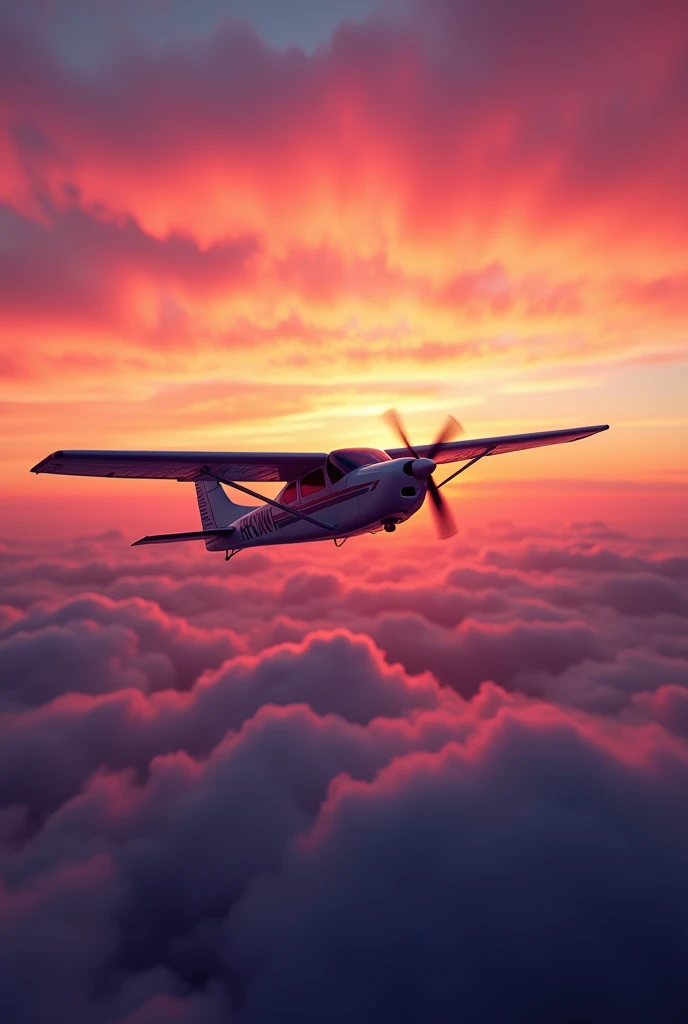 RV-10 plane flying in a vividly colored twilight sky