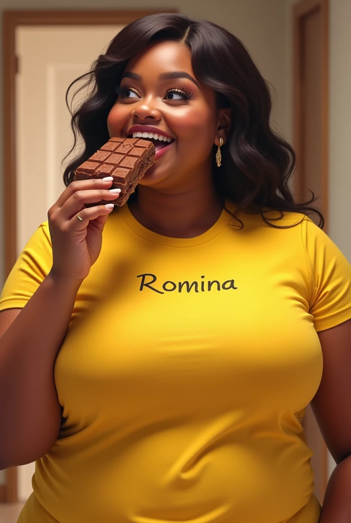Une grosse fille avec un mot Romina sur son tee-shirt jaune qui mange une chocolat 