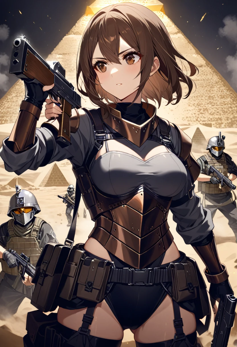 1girl, brown hair, brown eyes military armour and military helmet gray fully clothed, guns with straps, gray background dust looking at pyramid, nighttime, mans arm giving her gun ammo