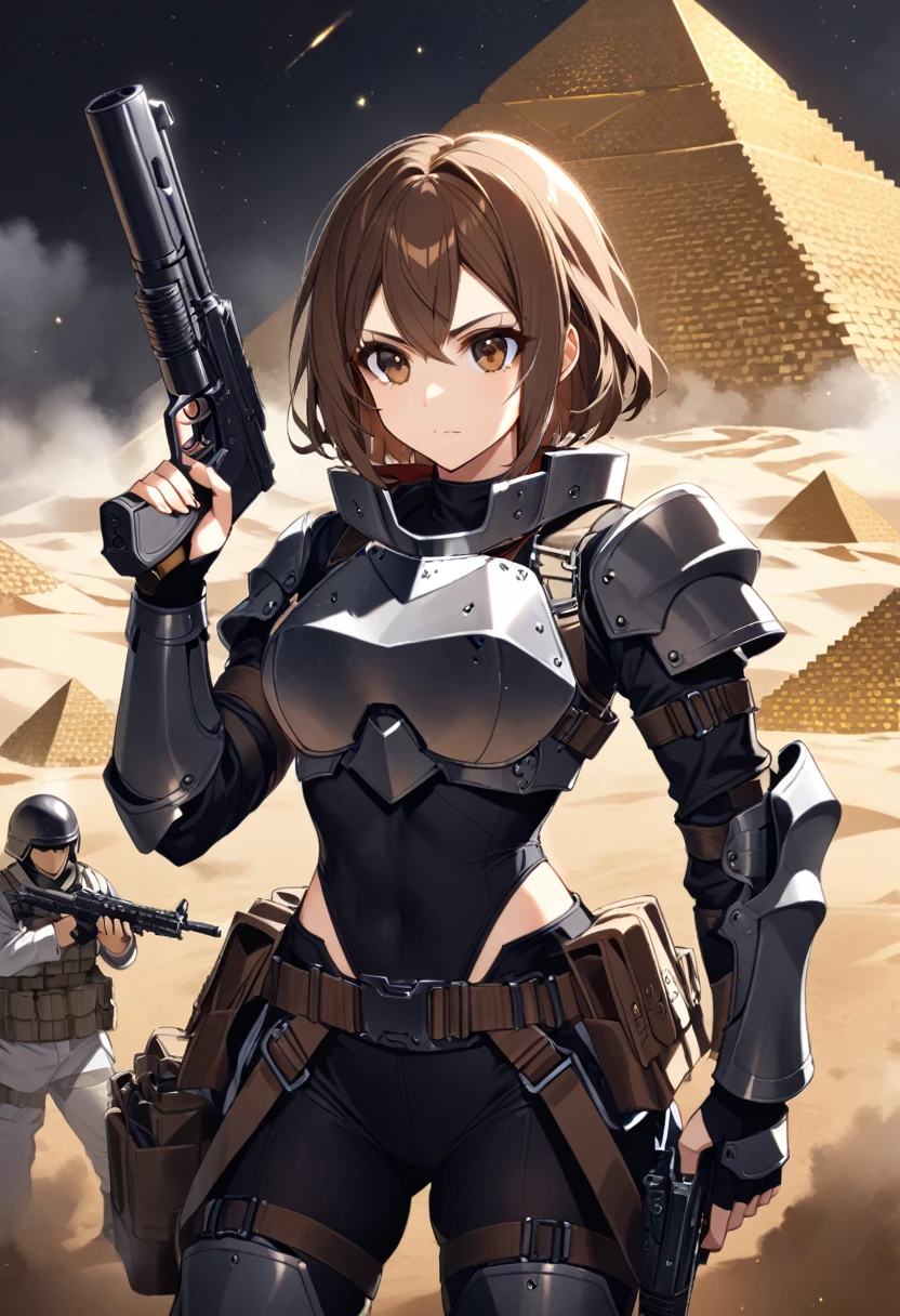 1girl, brown hair, brown eyes military armour and military helmet gray fully clothed, guns with straps, gray background dust looking at pyramid, nighttime, mans arm giving her gun ammo