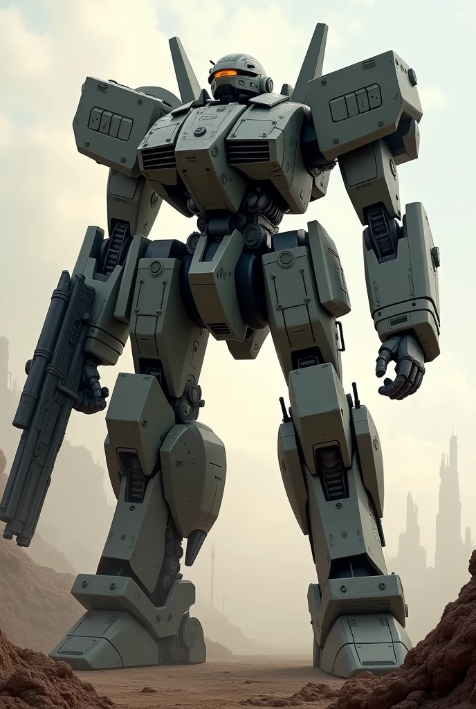 It is a humanoid military robot large enough for a person to ride, with humanoid military weapons attached to both shoulders and arms and thrusters attached to the legs.
