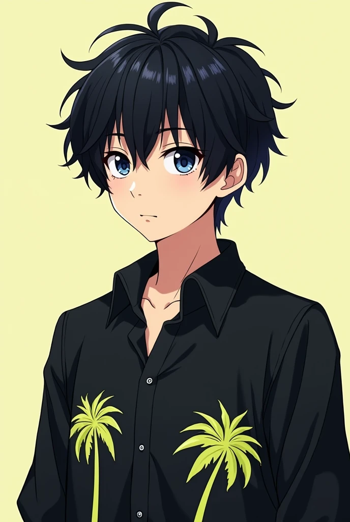Anime, boy, black hair, black eyes, palm tree pattern black shirt, height 183, curtain haircut, 