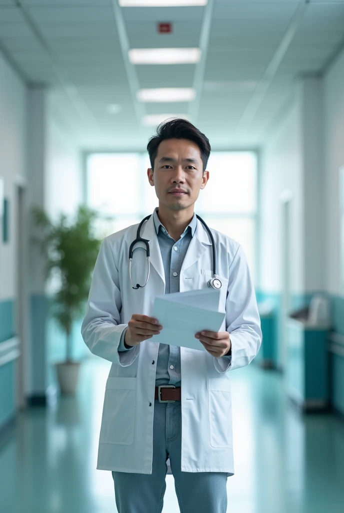 A doctor in a hospital having a report in his hand the hospital is aesthetic and it is morning time