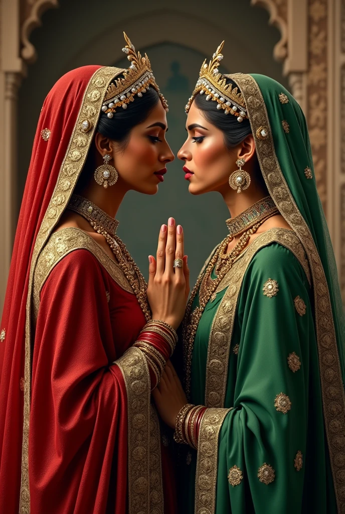 Two indian queens, one hindu (dressed in red )and one muslim (dressed in green), both from mughal time period, kissing eachothers hand with hate