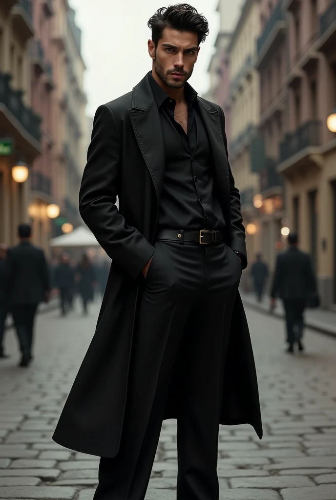 Create a man walking down the street smoking with his hand on his cigarette and wearing a black beret