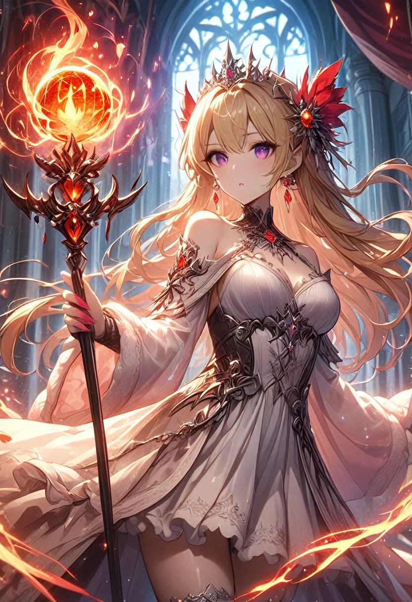 ((masterpiece)), (Textured Skin), ((High Detail)), best quality, The award-winning, 8K, Beautiful woman, Silk dress, noble, Princess, Queen, Blonde, Half bun, Hair flap, jewelled headdress, Crystal Earrings, S((best quality)), 1 Girl, Succubus,Holding a magic wand,Thunder and Lightning,(electrical arcs),(flame),(Fireball)