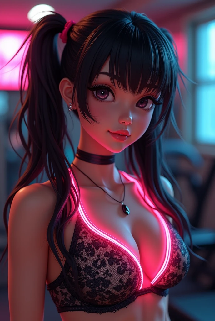 Make a realistic picture of a sexy 13 year old in the gym wearing a sexy lace neon gym outfit, black hair and pigtails, perky boobs, erect nipples