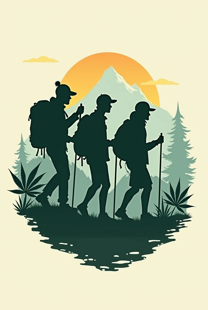 Hiking club logo that smoke weed with name "Stoner Hiking Association", make the weed plants more subtle, make it more cool