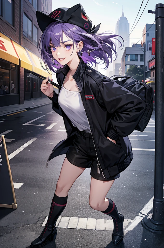 Anime Art、City roads、Full body portrait、Modern Street Killer、Moonlit Ruins、Tall Woman, Height: approx. 175cm, Around 20 years old, Wearing a black jacket and shorts, Holding a baseball bat and swinging it、Black socks、Short Medium Hairstyles、The eyes are covered by the bangs、Purple Hair、Wearing a red hat、Open-mouthed, intimidating smile、Purple eyes、gloves、stockings、boots、She has silver earrings in her ears
